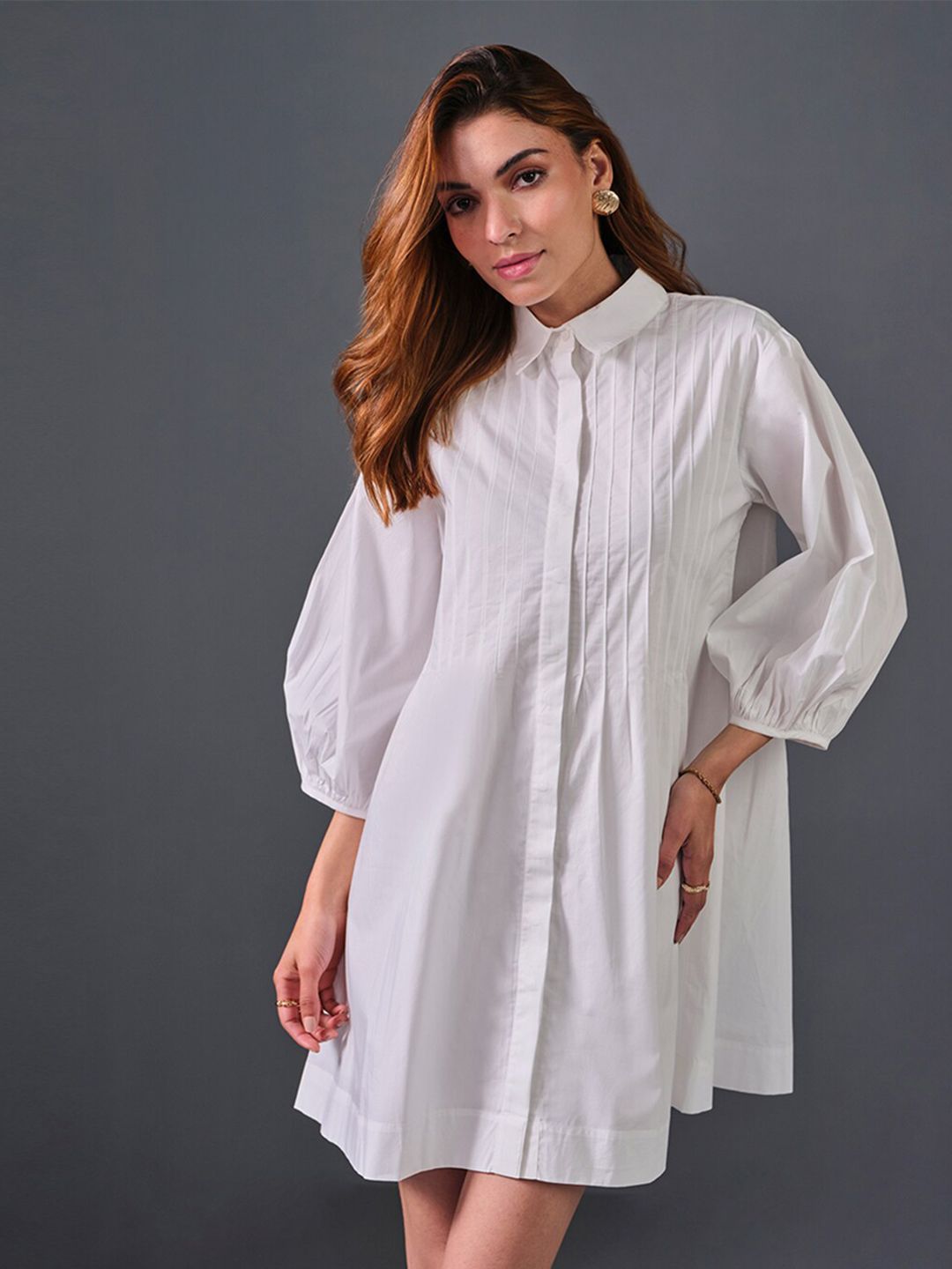 AND Self Design Cuffed Sleeves Cotton Shirt Dress