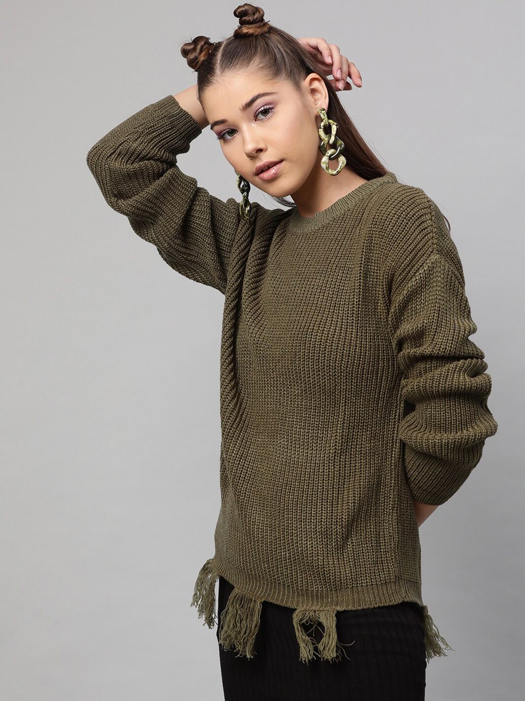 Street 9 Wanita Olive Hijau Green Ribbed Acrylic Sweater
