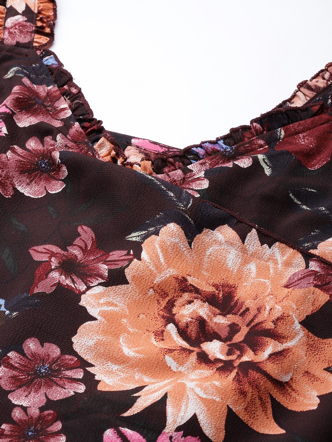 Antheaa Rust & Peach-Coloured Floral Print Ruffles Peplum Top