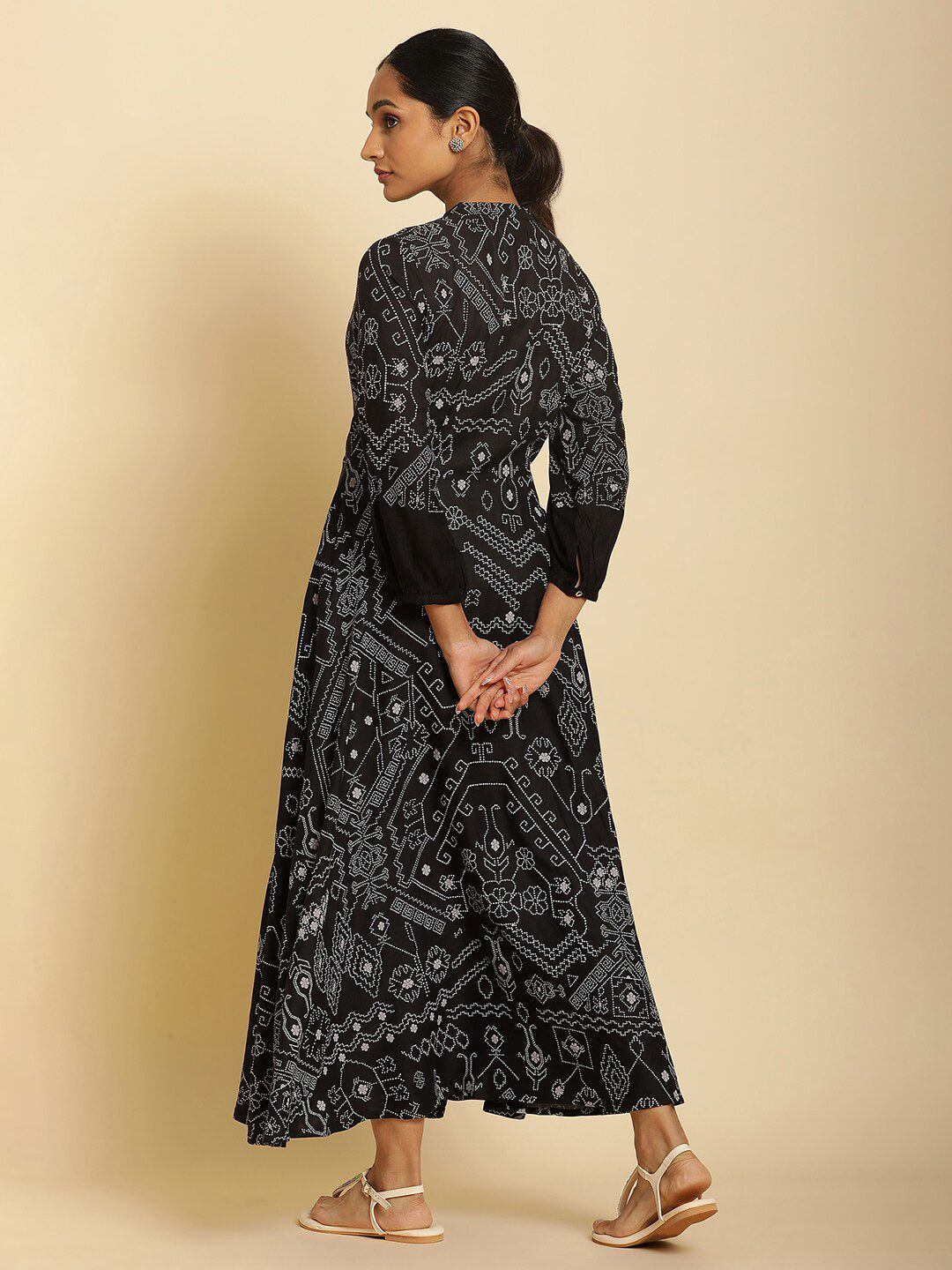W Ethnic Motifs Printed Mandarin Collar Puff Sleeves Maxi Dress