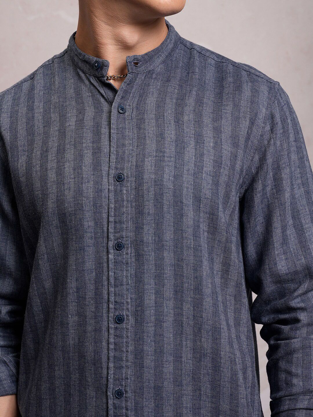 LOCOMOTIVE Men Blue Linen Blend Textured Striper Stand-Up Collar Regular Shirt