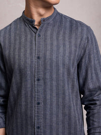 LOCOMOTIVE Men Blue Linen Blend Textured Striper Stand-Up Collar Regular Shirt