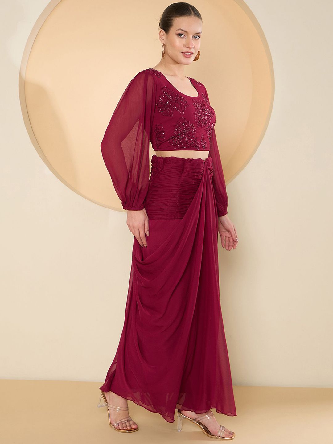 Antheaa Round Neck Floral Beads And Stones Crop Top With Skirts