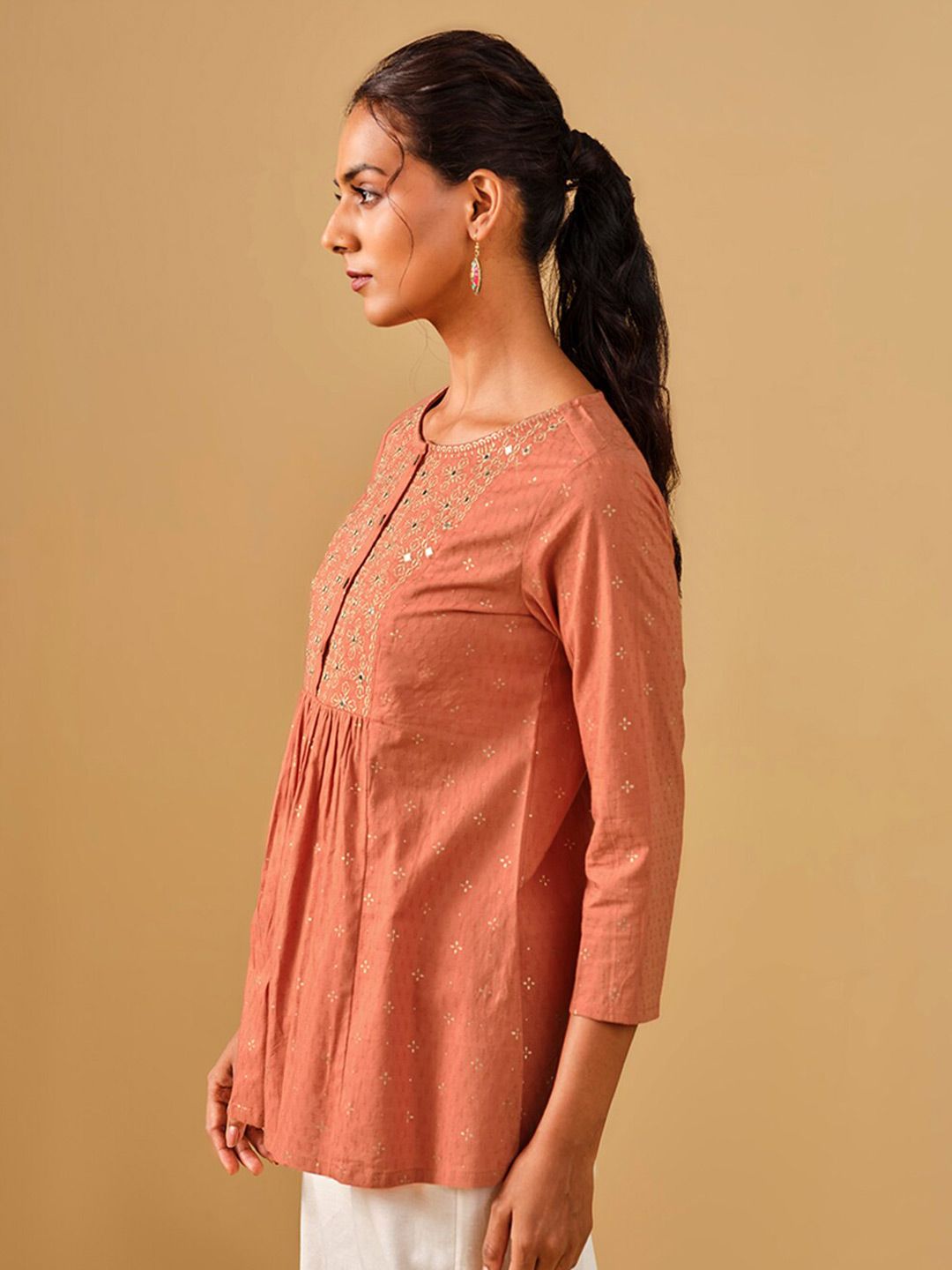 Global Desi Printed Round Neck Pure Cotton Empire Top