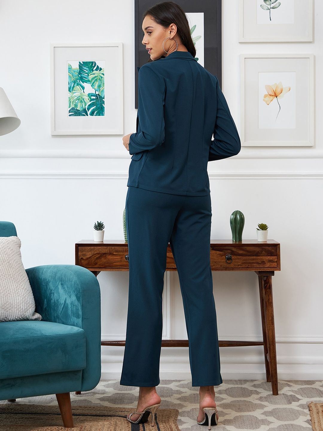 Athena Women Teal-Blue Solid Three Piece Blazer Co-Ord set