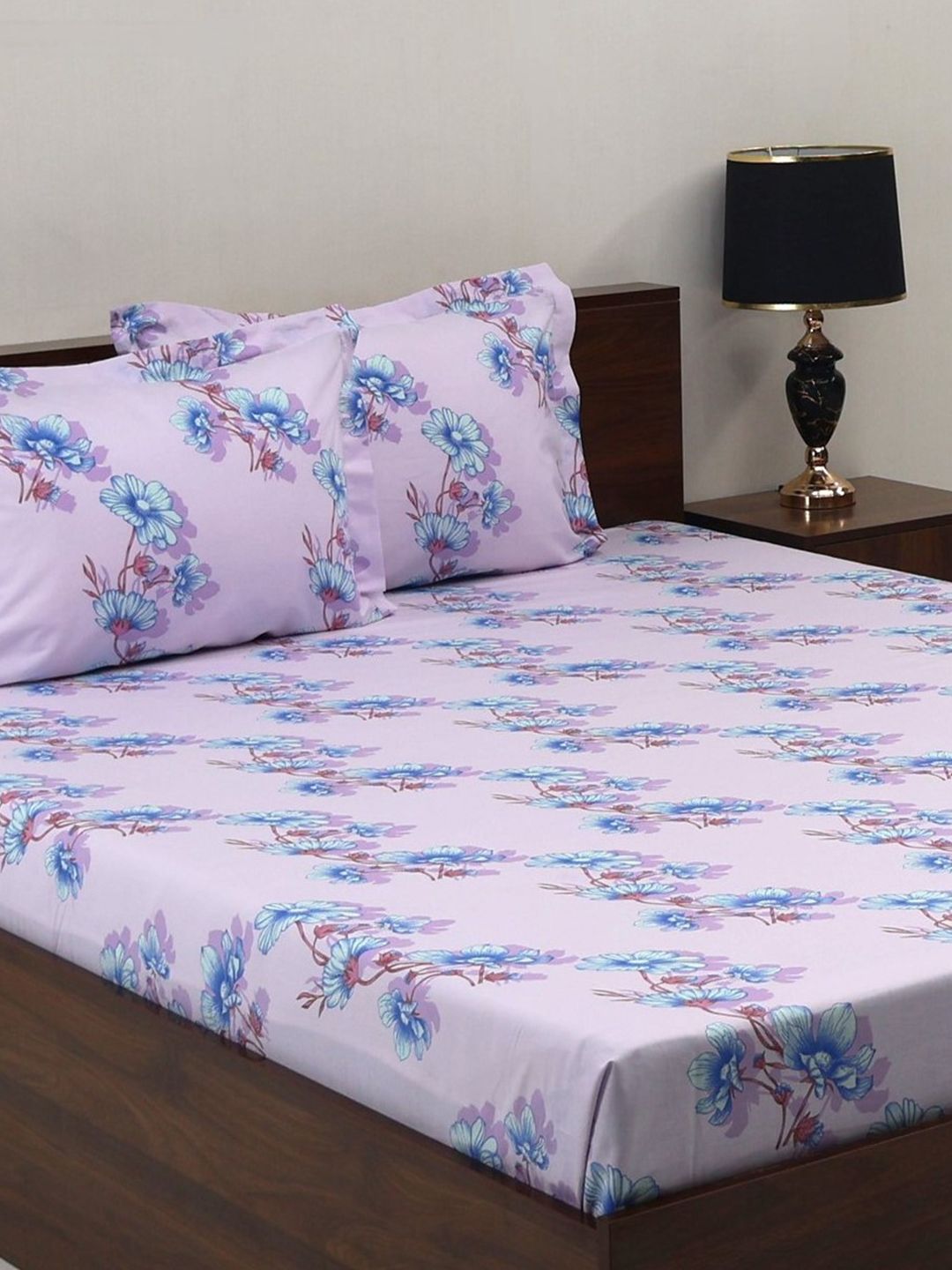 BOMBAY DYEING Blue Floral Cotton 140 TC Double Queen Bedsheet Set- 2.28 m X 2.54 m