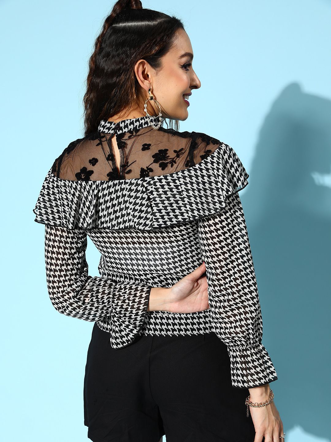 Berrylush Women White Mock Neck Printed Layered Georgette Top