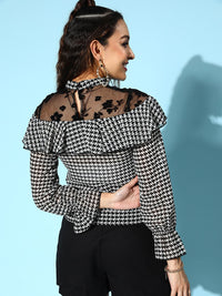Berrylush Women White Mock Neck Printed Layered Georgette Top