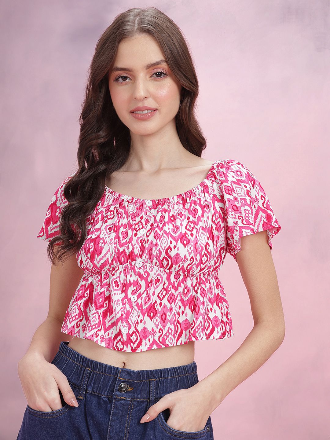 DressBerry Print Puff Sleeve Empire Crop Top