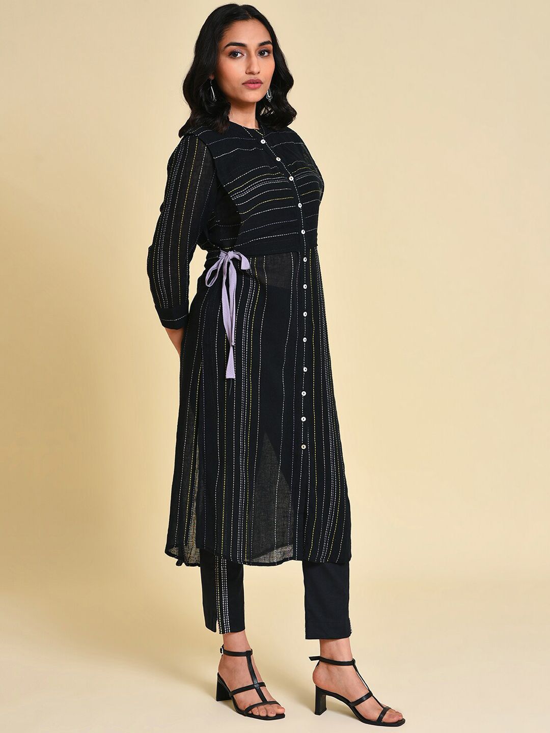 W Striped Thread Work Pure Cotton Kurta with Trousers