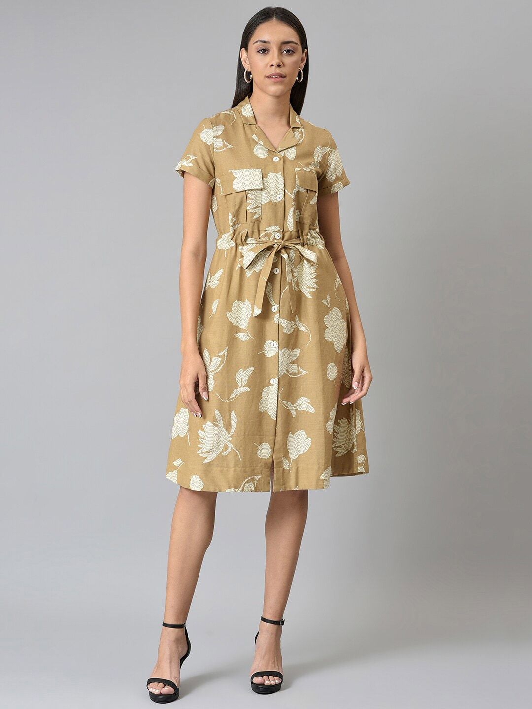 W Brown Printed Shirt Dress