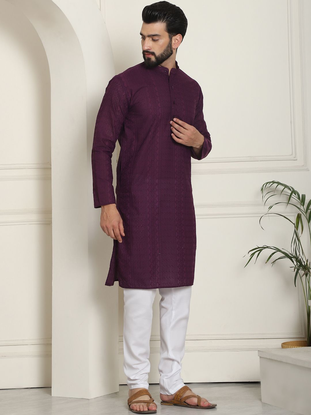 SOJANYA Benang Sulam Geometrik Berfungsi Kapas Tulen Kurta Lurus Dengan Churidar