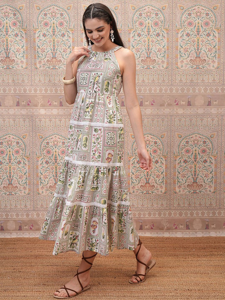 Vishudh Women Halter Neck Ethnic Motifs Print Layered Empire Midi Dress