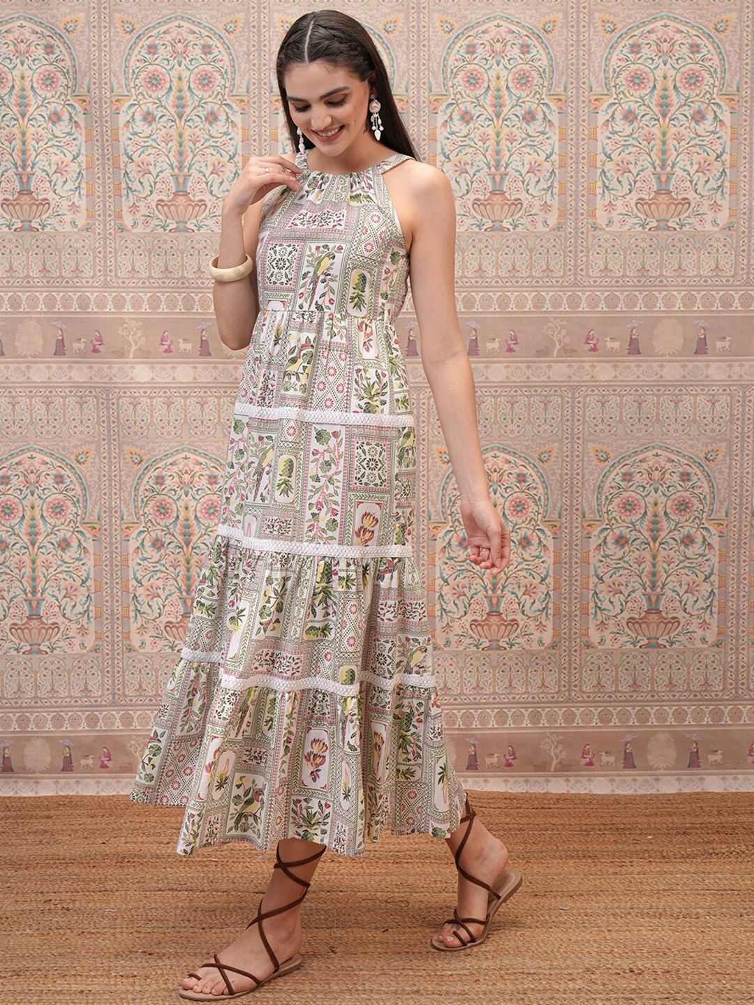 Vishudh Women Halter Neck Ethnic Motifs Print Layered Empire Midi Dress