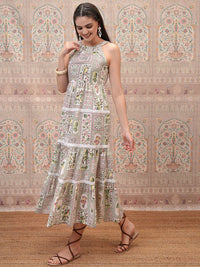 Vishudh Women Halter Neck Ethnic Motifs Print Layered Empire Midi Dress