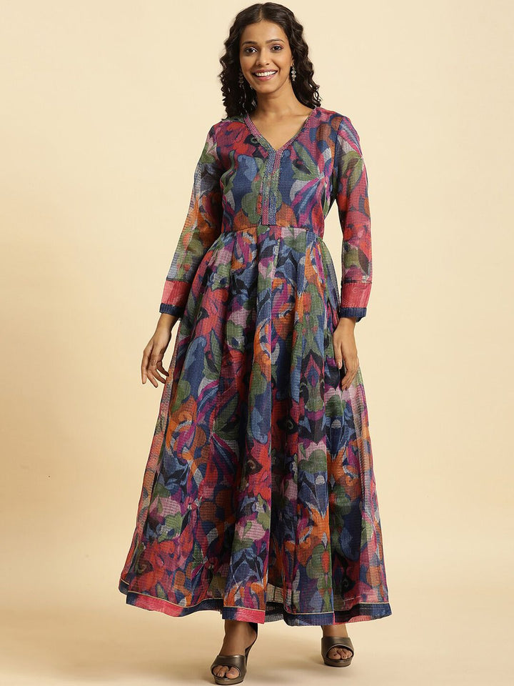 W Navy Blue Floral Printed Fit & Flare Ethnic Dress