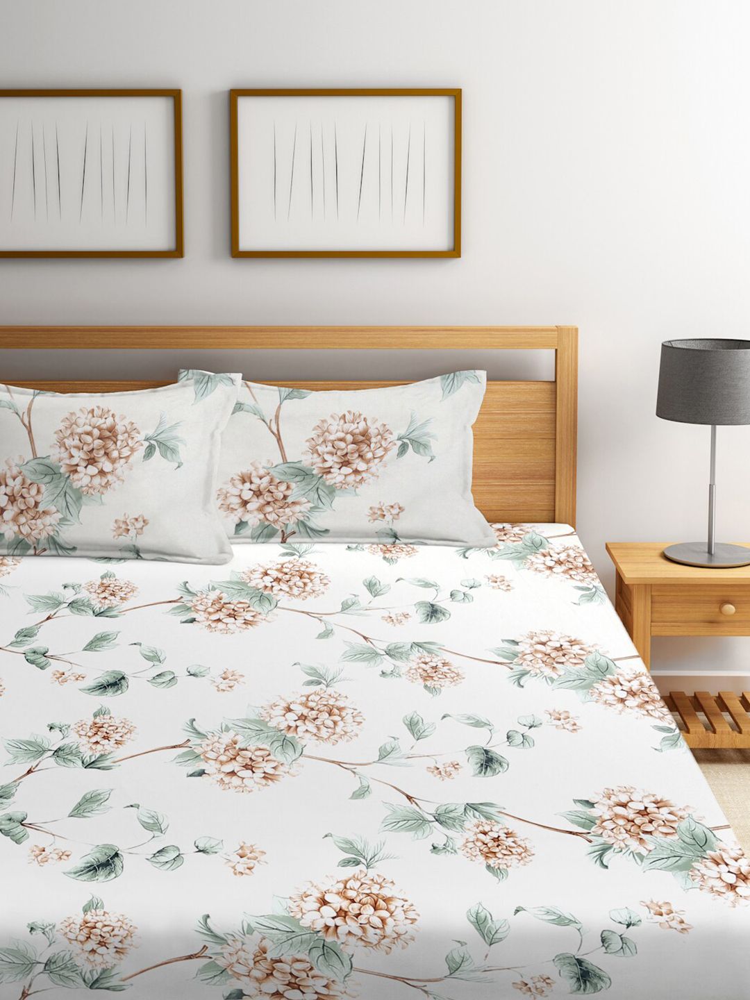 KLOTTHE Off White Floral Polycotton 300 TC Dilengkapi Cadar King Halus dengan 2 Sarung Bantal-98 x 87 inci