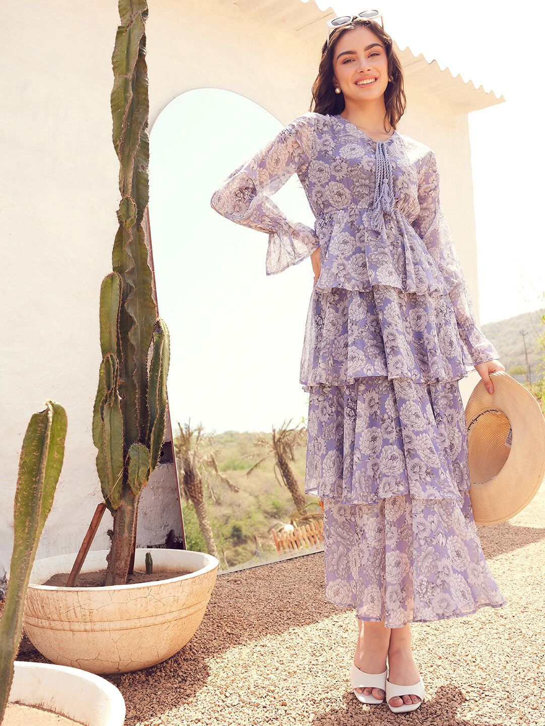 STREET 9 Floral Printed Puffed Sleeves Layered Georgette A-Line Maxi Dress
