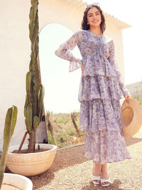 STREET 9 Floral Printed Puffed Sleeves Layered Georgette A-Line Maxi Dress