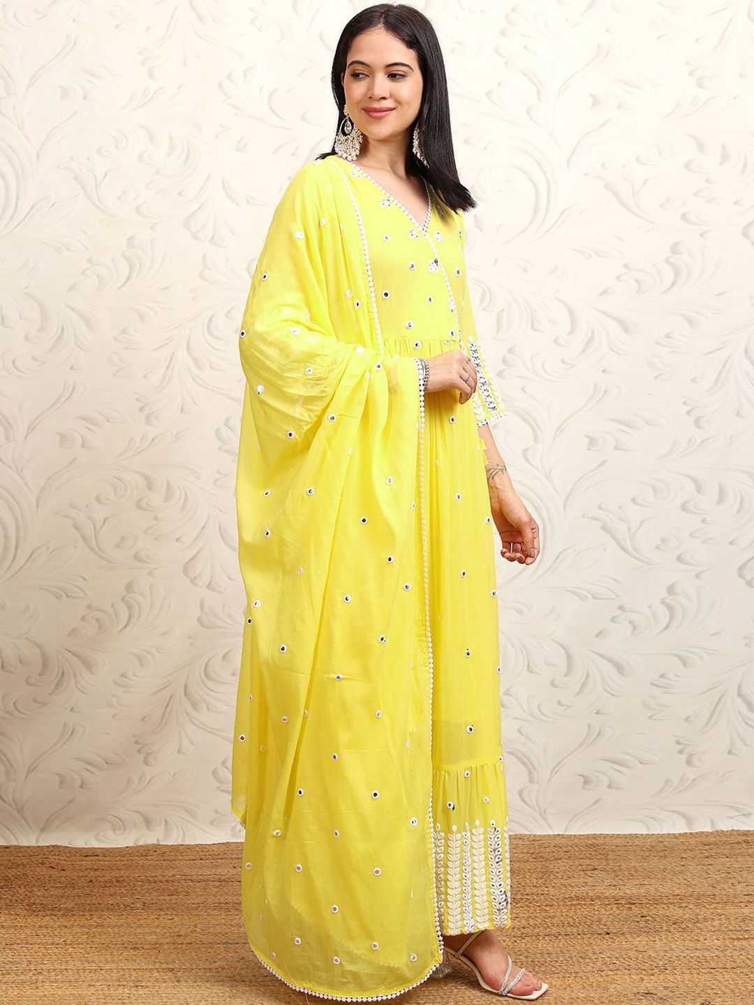 Vishudh Yellow Embroidered Mirror Work Pure Cotton Angrakha Kurta With Trousers & Dupatta