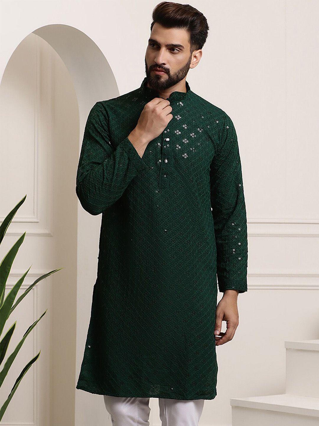 SOJANYA Dihiasi Pure Cotton Kolar Mandarin Kurta Lurus