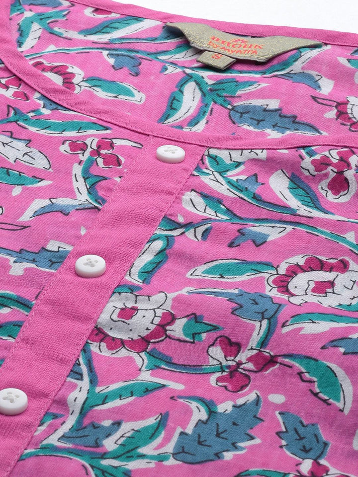 Anouk Women Pink Floral Printed Pure Cotton Straight Kurta