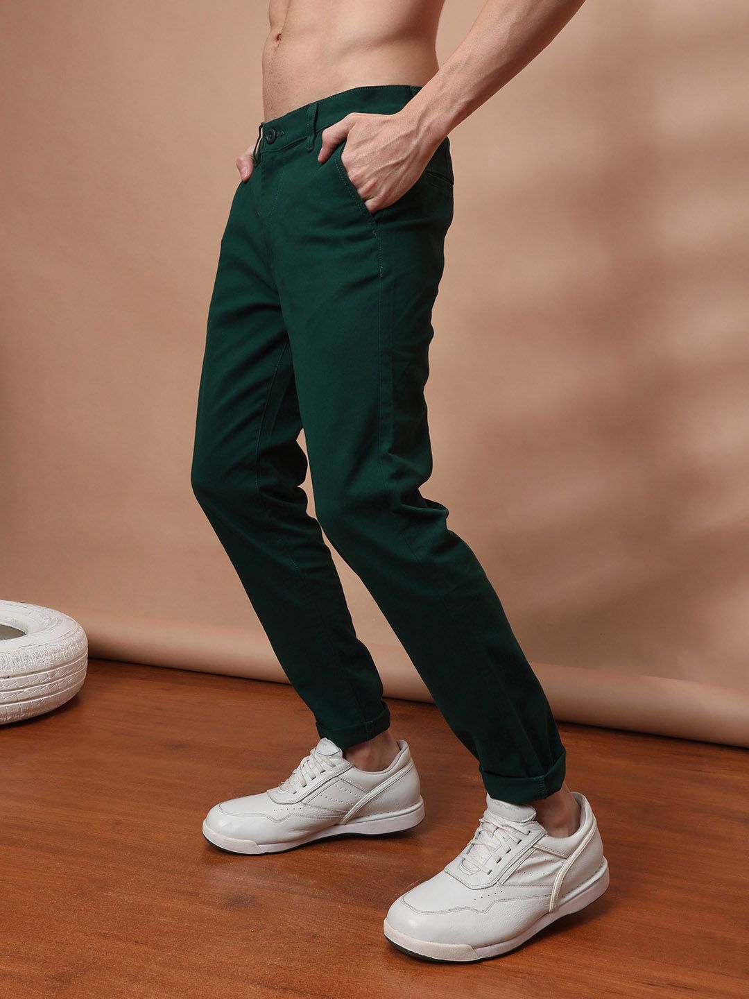 The Indian Garage Co Men Green Slim Fit Chinos Trousers