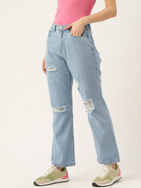 DressBerry Women Blue Pure Cotton Straight Fit High-Rise Mildly Distressed Jeans