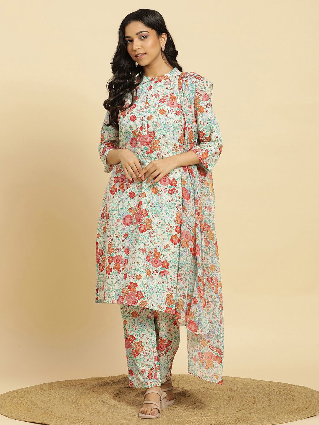 W Floral Printed Regular Pure Cotton Straight Kurta with Trouser & Dupatta