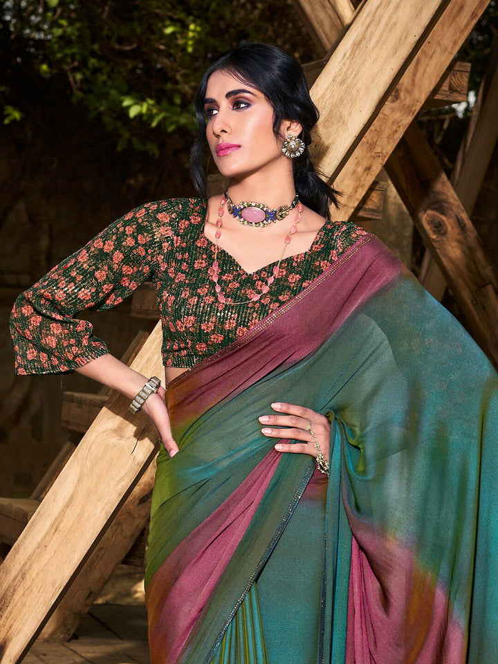 Saree mall Teal & Mauve Ombre Embellished Sarees
