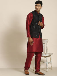 SOJANYA Men Maroon Mirror Work Kurta with Churidar with Nehru Jacket