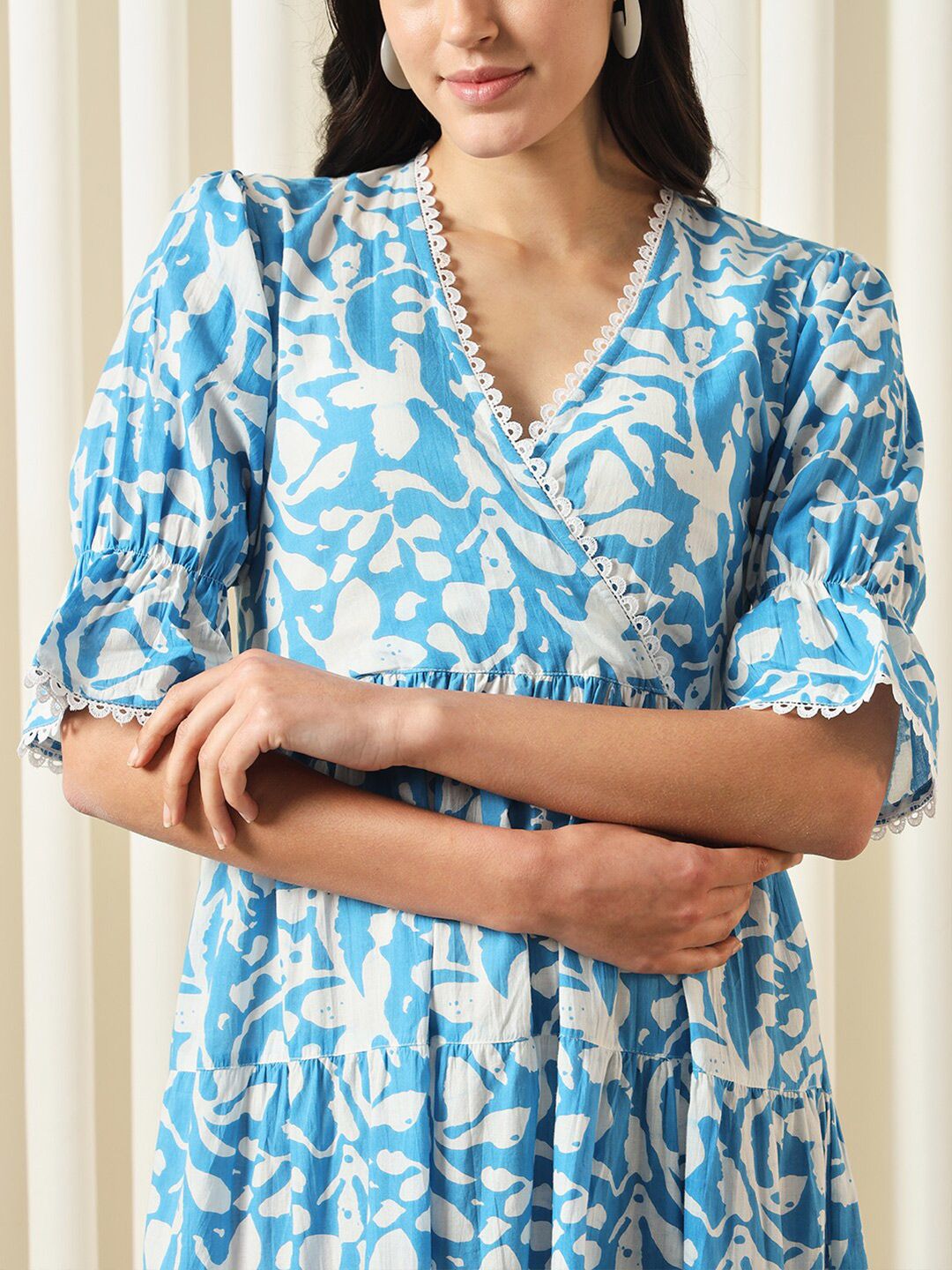 KALINI Floral Printed V-Neck Empire Cotton Opaque Casual Dress