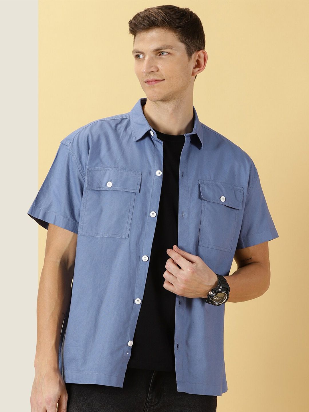 Thomas Scott Smart Spread Collar Short Sleeves Cotton Boxy Casual Shirt