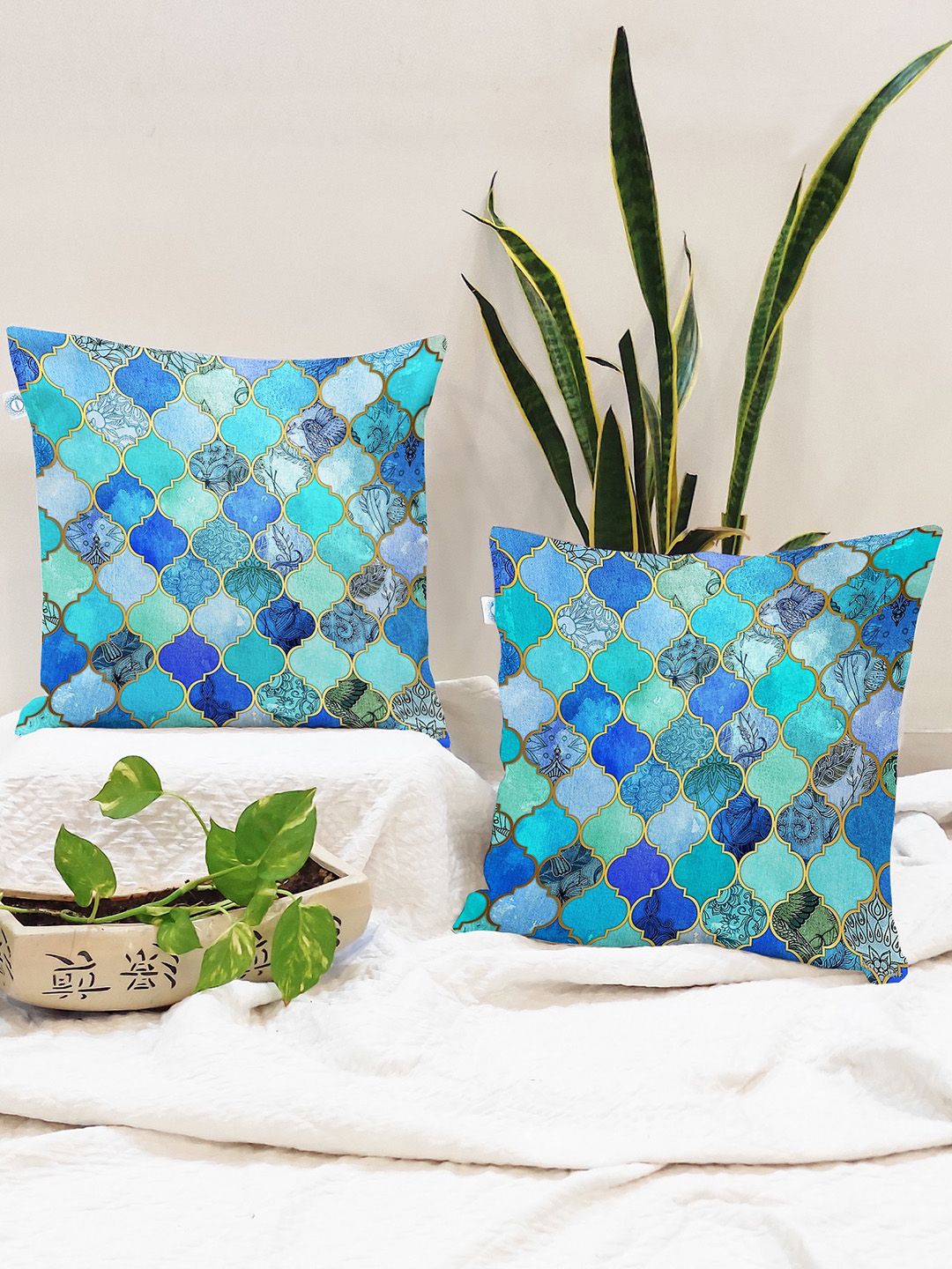 STITCHNEST Blue & Green Set of 2 Geometric Square Cushion Covers