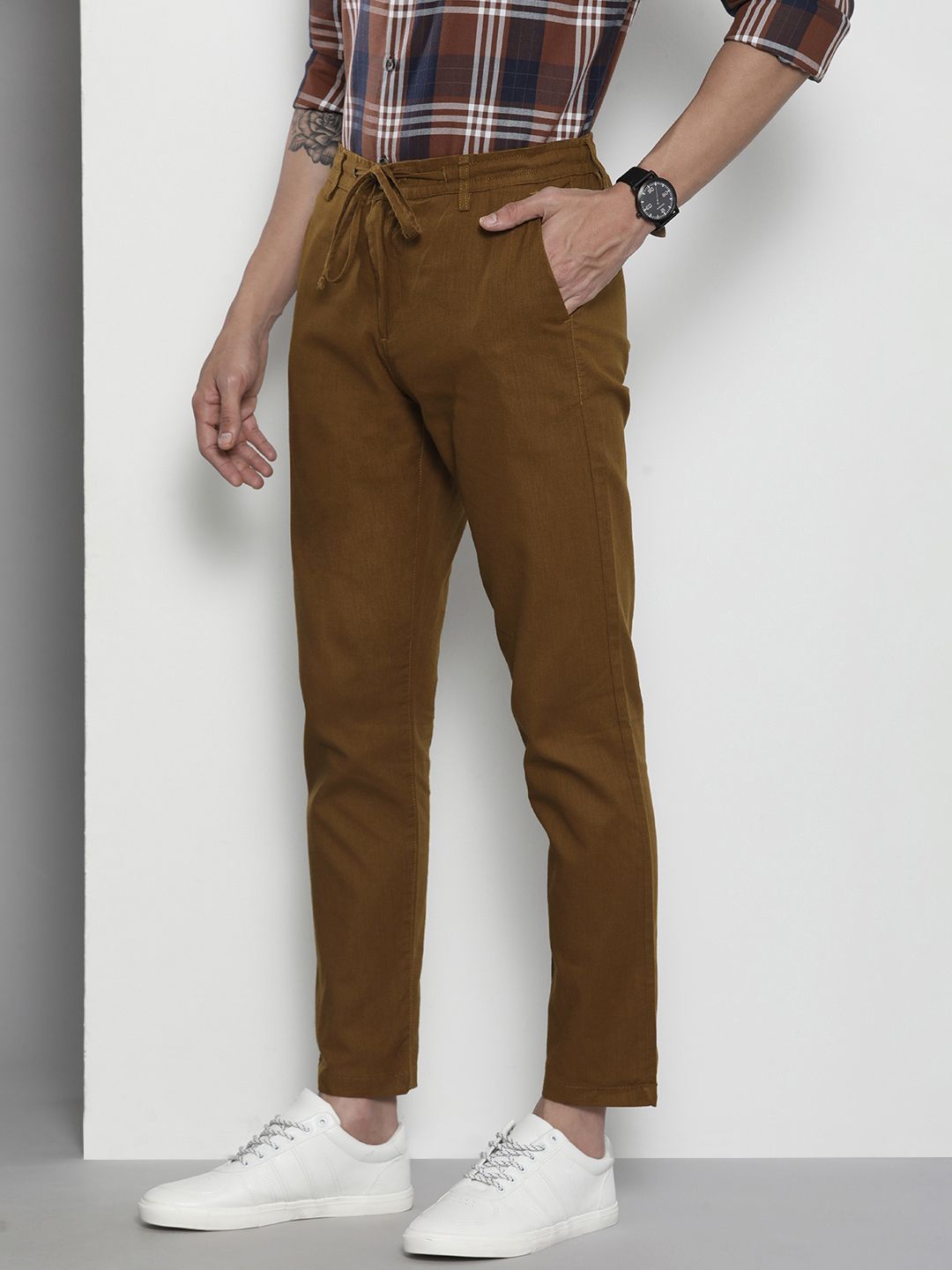 The Indian Garage Co Men Brown Slim Fit Linen Trousers