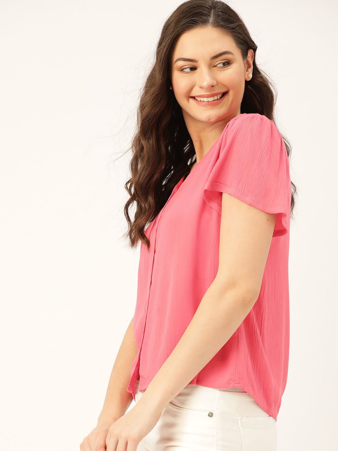 DressBerry Women Pink Crinkled Solid Top