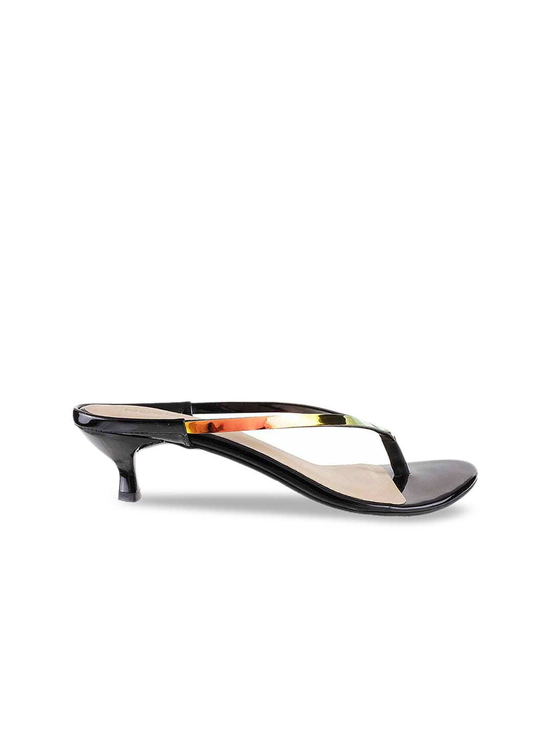 Mochi Women Gold-Toned & Black Solid Kitten Heels