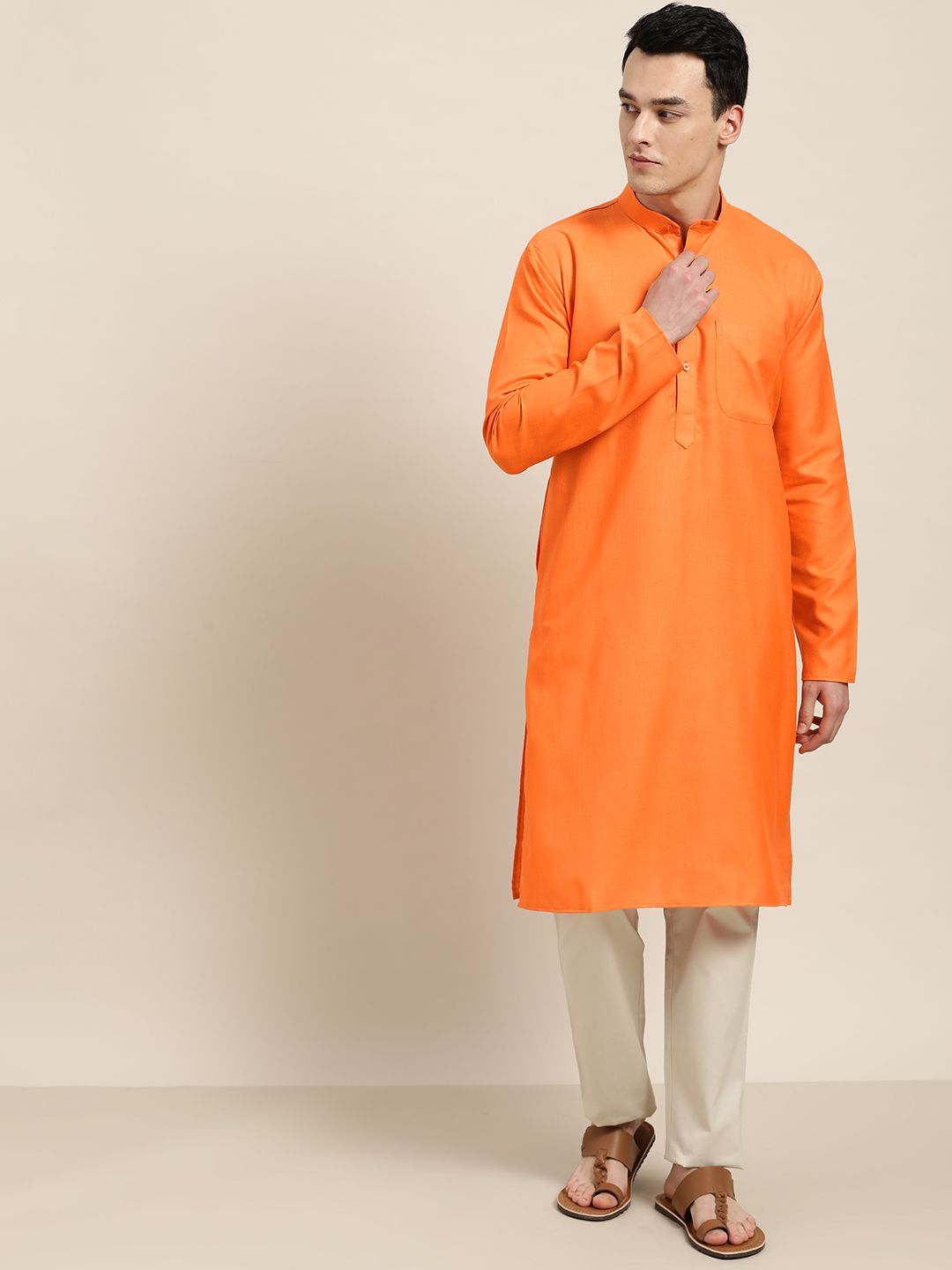 SOJANYA Men Orange Solid Straight Kurta