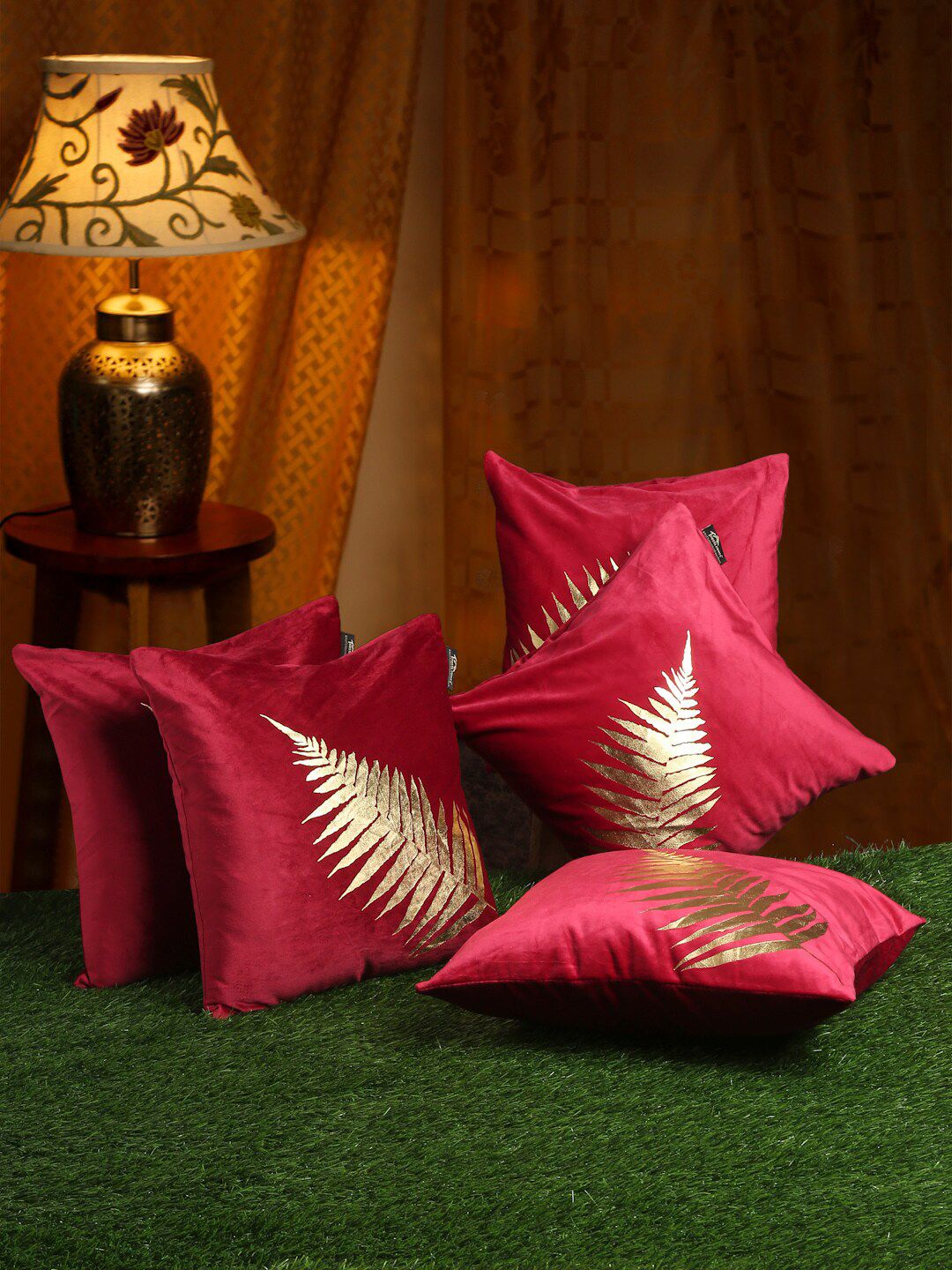 HOSTA HOMES Maroon & Gold-Toned Set of 5 Floral Velvet Square Cushion Covers