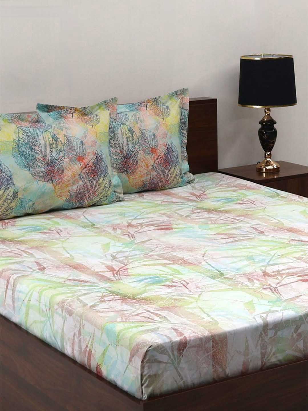 BOMBAY DYEING Fantasque Green Floral Printed Cotton 180 TC King Bedsheet Set 2.74 x 2.74 m