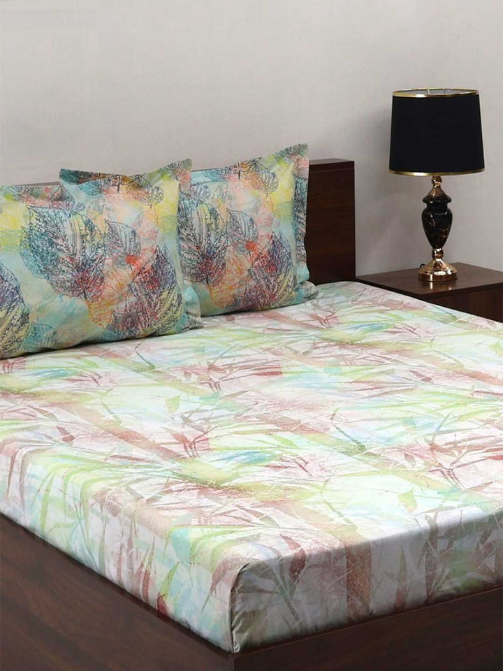 BOMBAY DYEING Fantasque Green Floral Printed Cotton 180 TC King Bedsheet Set 2.74 x 2.74 m