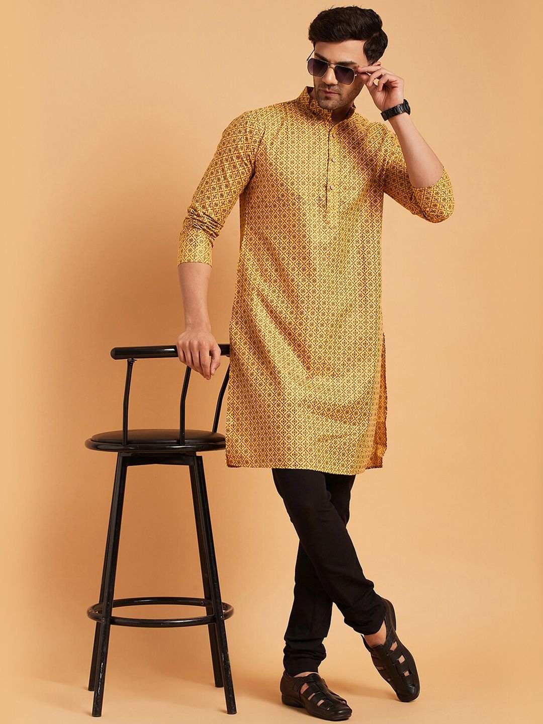 SOJANYA Mandarin Collar Ethnic Motifs Printed Cotton Linen Kurta