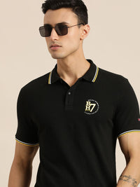 Menjadi T-shirt Lelaki Polo Kolar Polo Hitam Kapas Tumpahan T-shirt Kapas Slim Dengan Cetakan Logo Jenama
