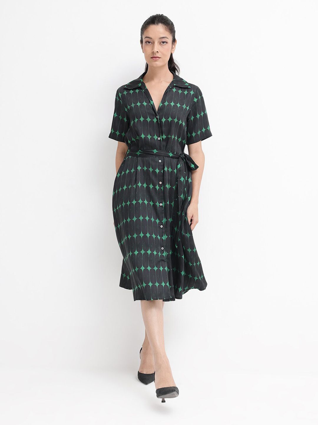 RAREISM Geometric Printed Cotton Shirt Dress