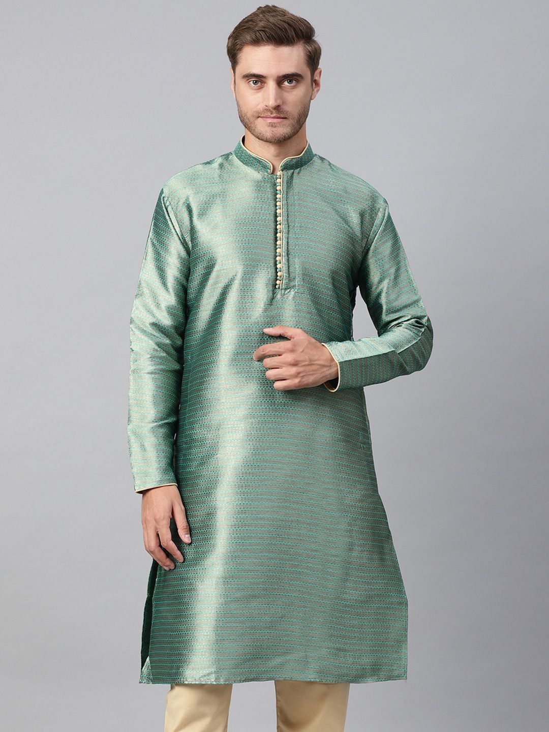 SOJANYA Men Sea Green & Beige Woven Design Straight Kurta