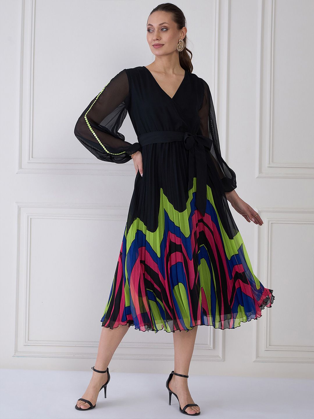 Antheaa Women Puff Sleeve Midi Wrap Dress