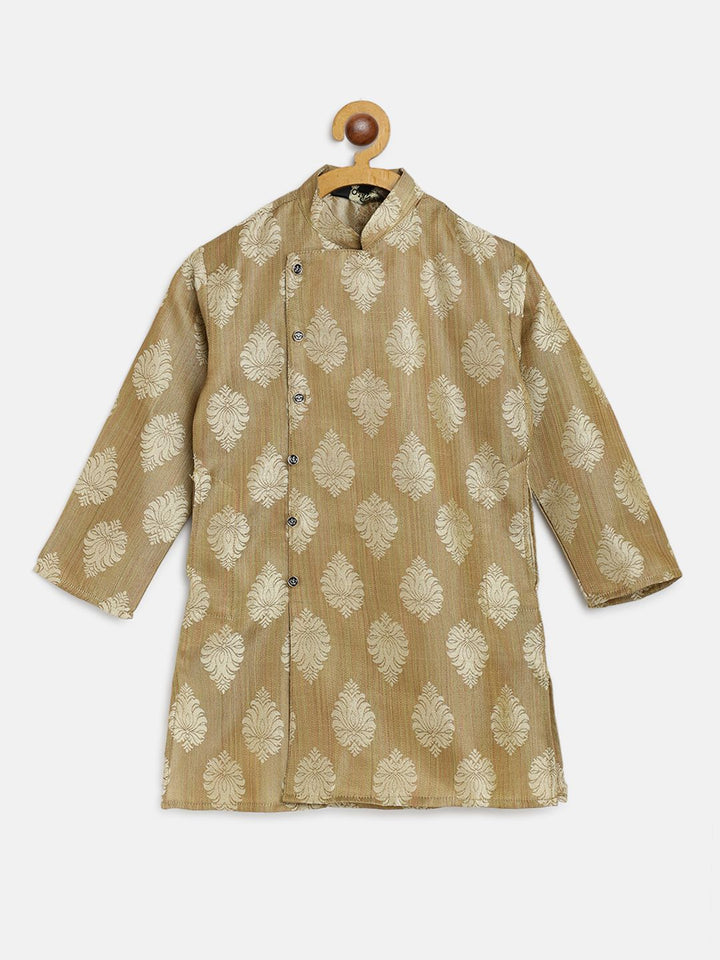 SOJANYA Boys Beige Woven Design Mandarin Collar Jacquard Straight Kurta
