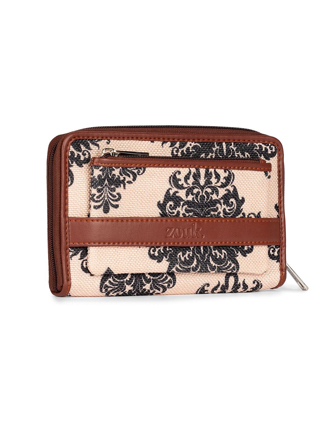 ZOUK Women Peach-Coloured & Green Printed Vegan Leather Zip Around Sustainable Wallet