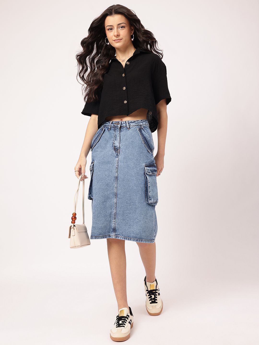 DressBerry City Chic Back Slit Cargo-Style Denim Midi Skirt