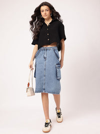 DressBerry City Chic Back Slit Cargo-Style Denim Midi Skirt